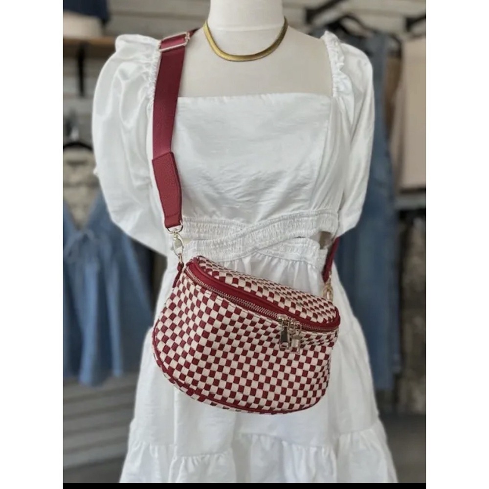 Birdie Saddle Checkered Crossbody Bag Red/Cream